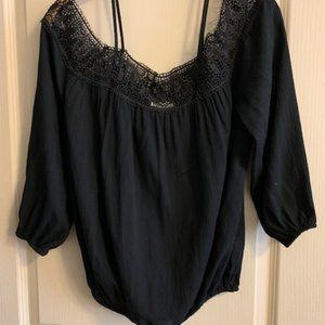 C Apparel Black Size S Off Shoulder 3/4 Sleeve Rayon Woven Lace Trim Blouson Top
